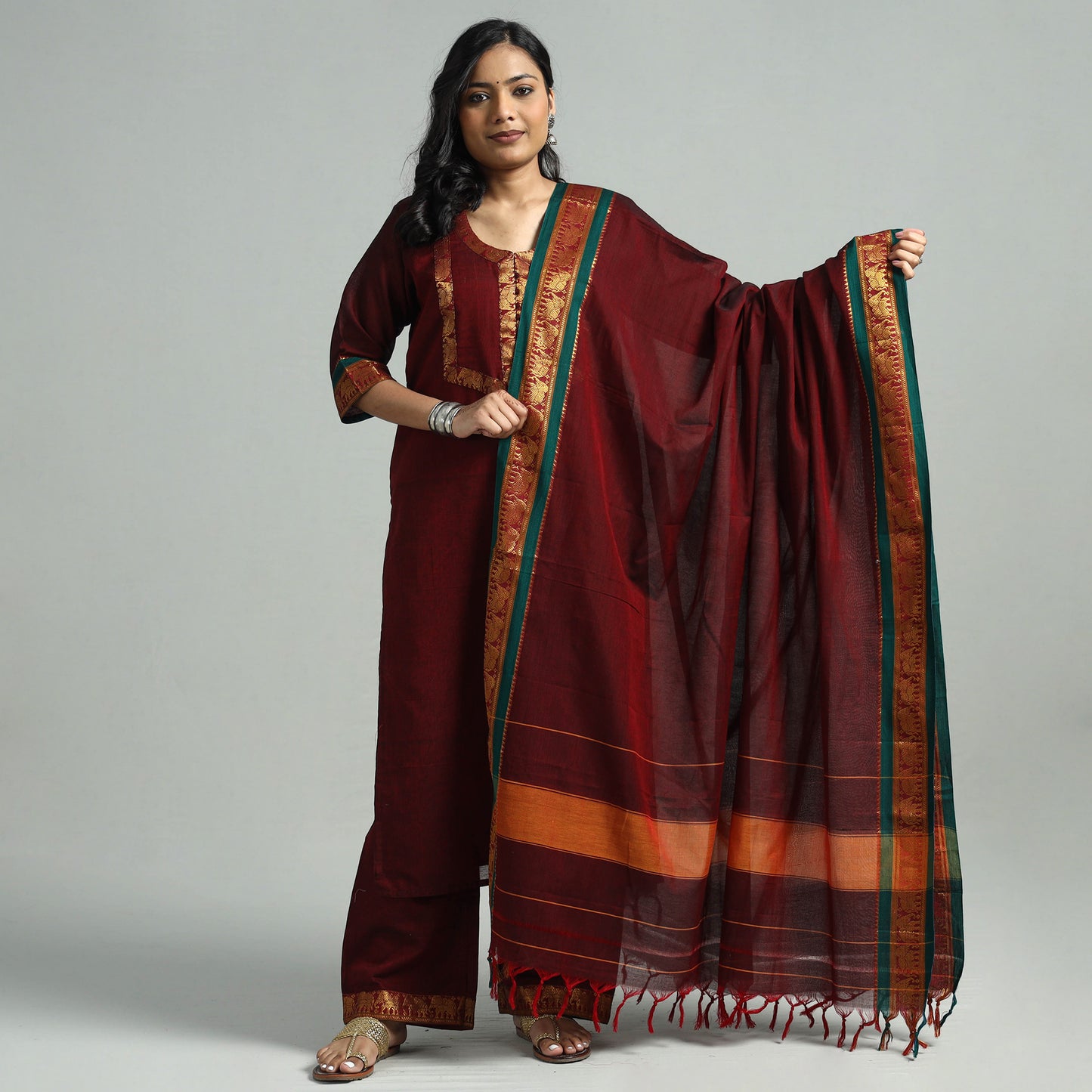 Maroon - Dharwad Cotton Kurta with Palazzo & Dupatta Set