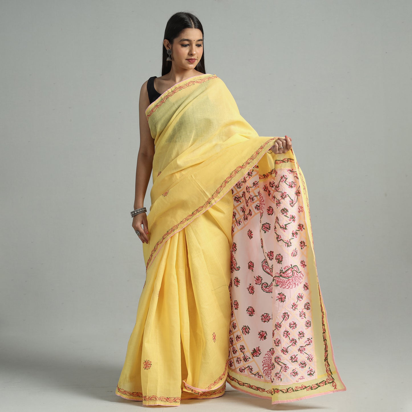 Yellow - Lucknow Chikankari Hand Embroidery Cotton Saree 57