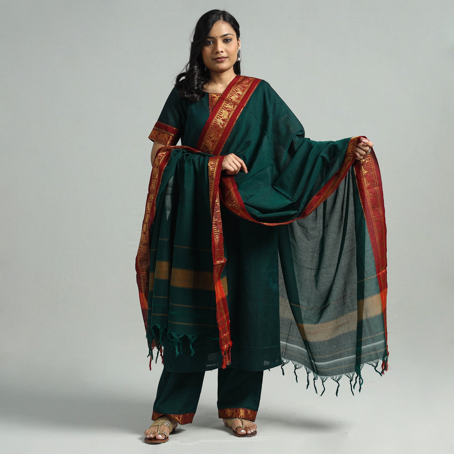 Dark Green - Dharwad Cotton Kurta with Palazzo & Dupatta Set