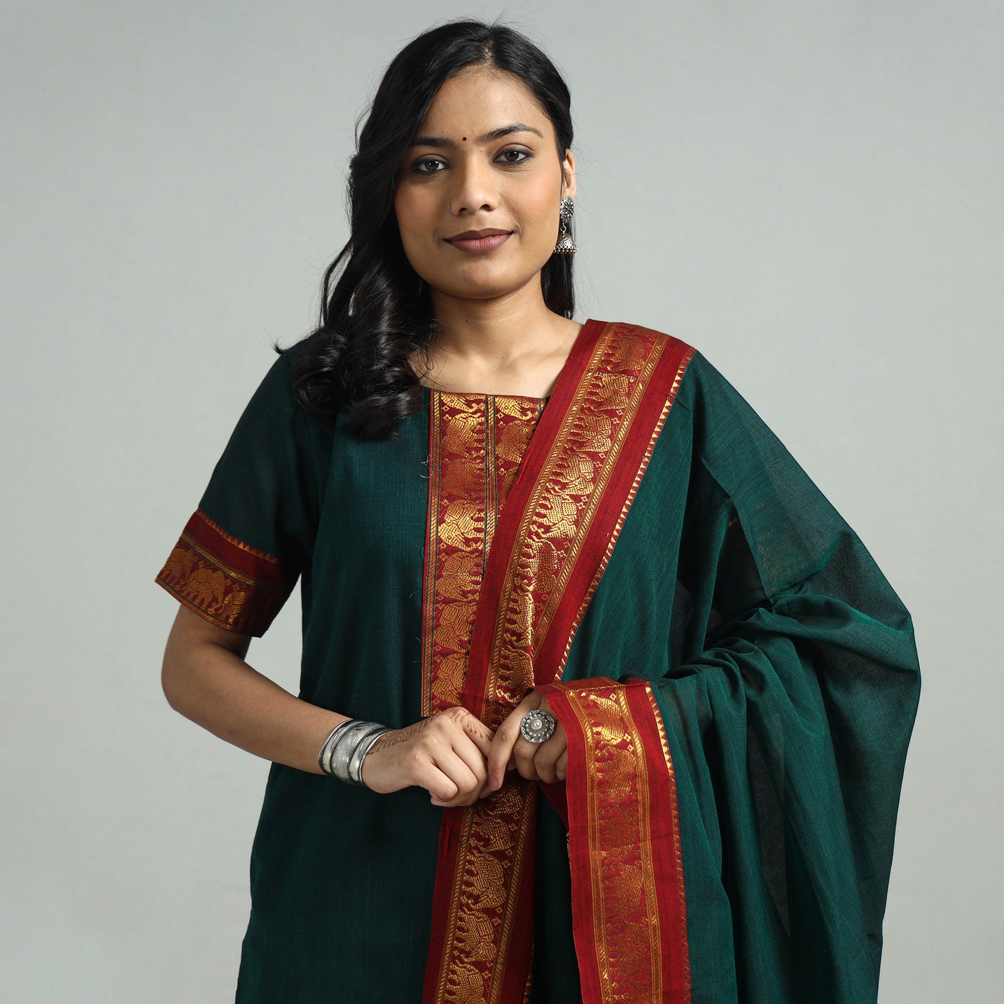Dark Green - Dharwad Cotton Kurta with Palazzo & Dupatta Set