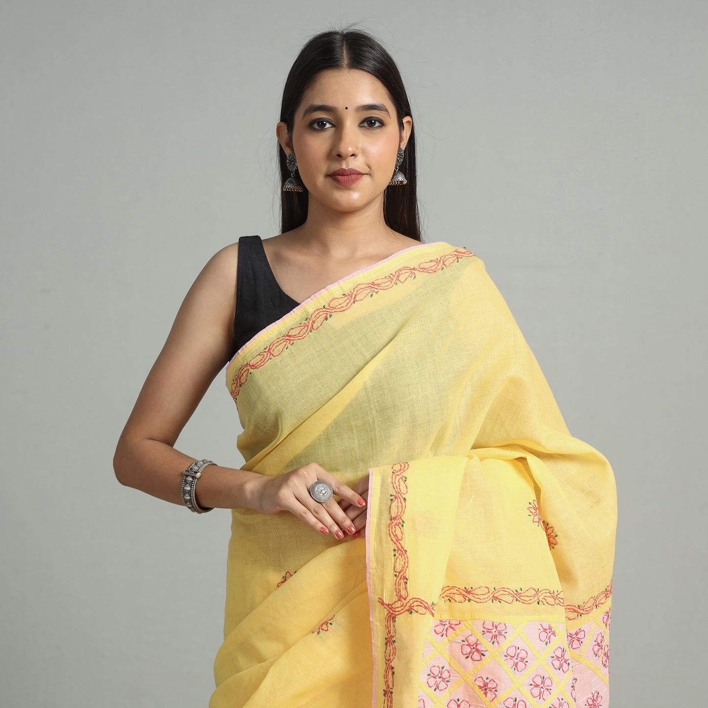 Yellow - Lucknow Chikankari Hand Embroidery Cotton Saree 57