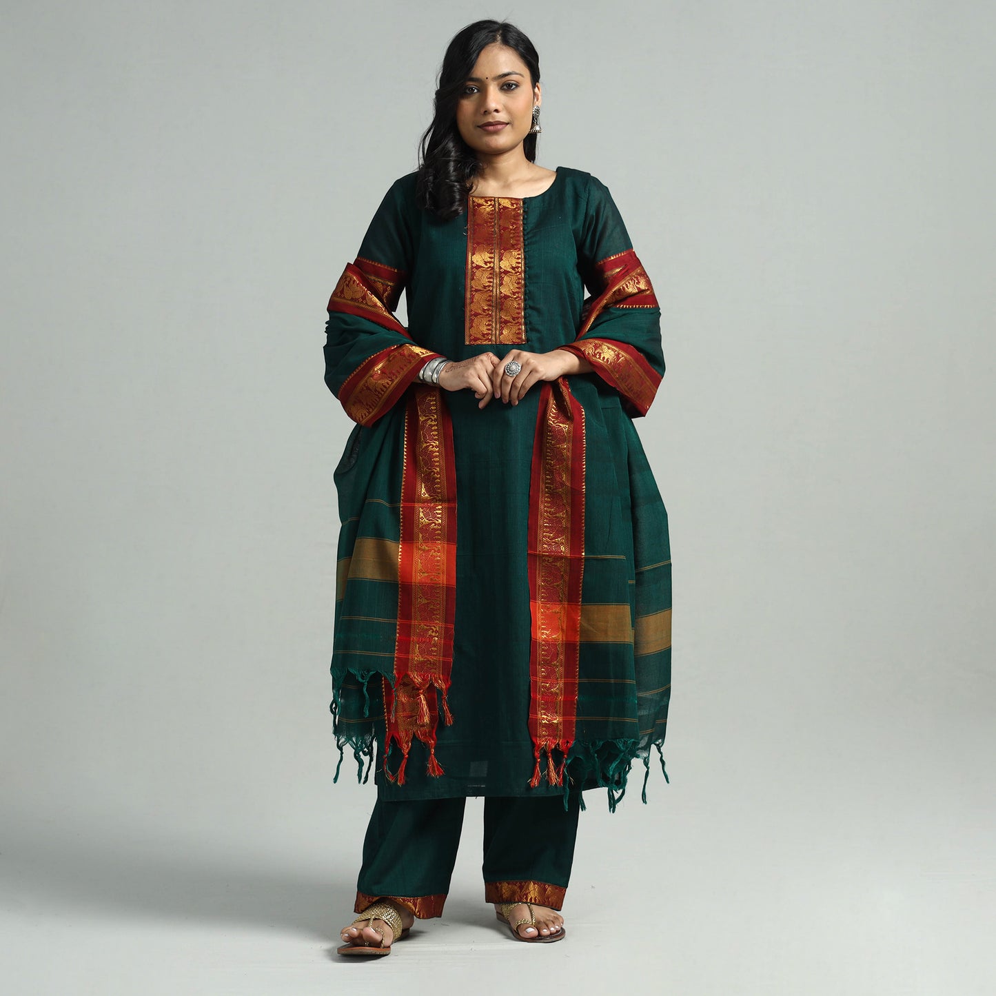 Dark Green - Dharwad Cotton Kurta with Palazzo & Dupatta Set