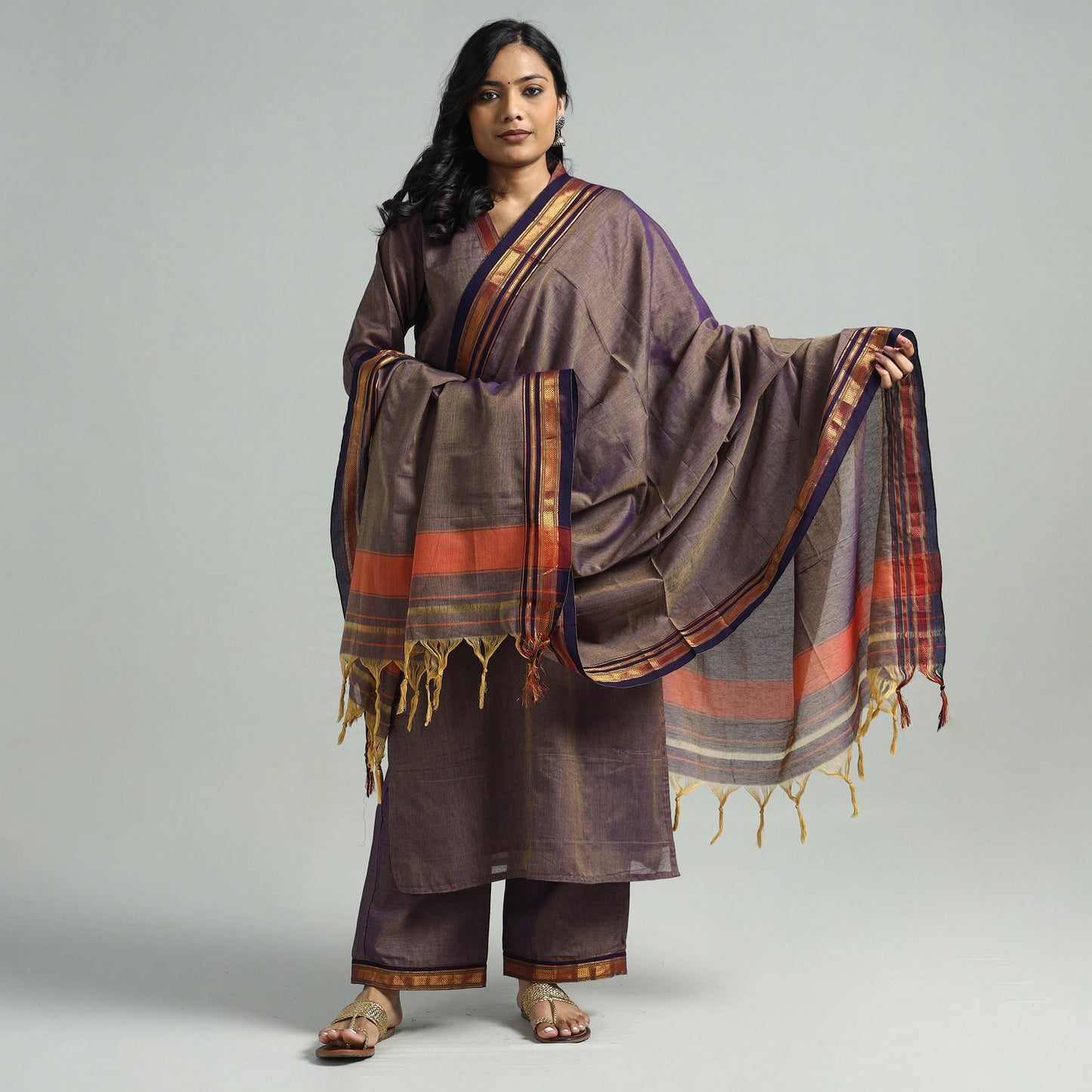 Brown - Dharwad Cotton Kurta with Palazzo & Dupatta Set