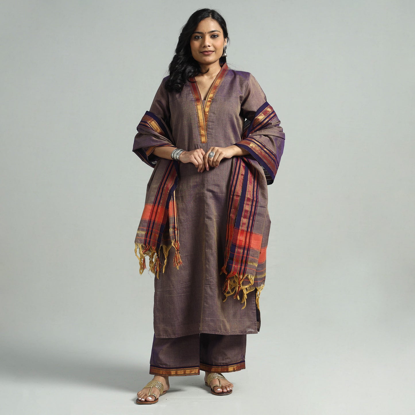 Brown - Dharwad Cotton Kurta with Palazzo & Dupatta Set