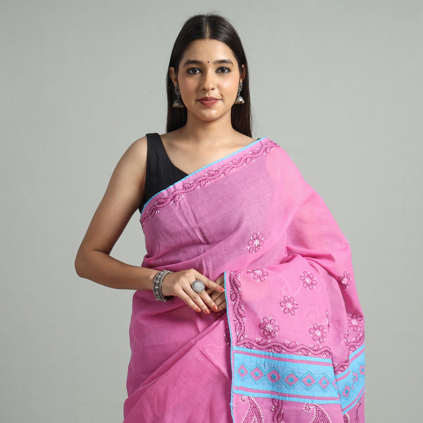 Pink - Lucknow Chikankari Hand Embroidery Cotton Saree 63