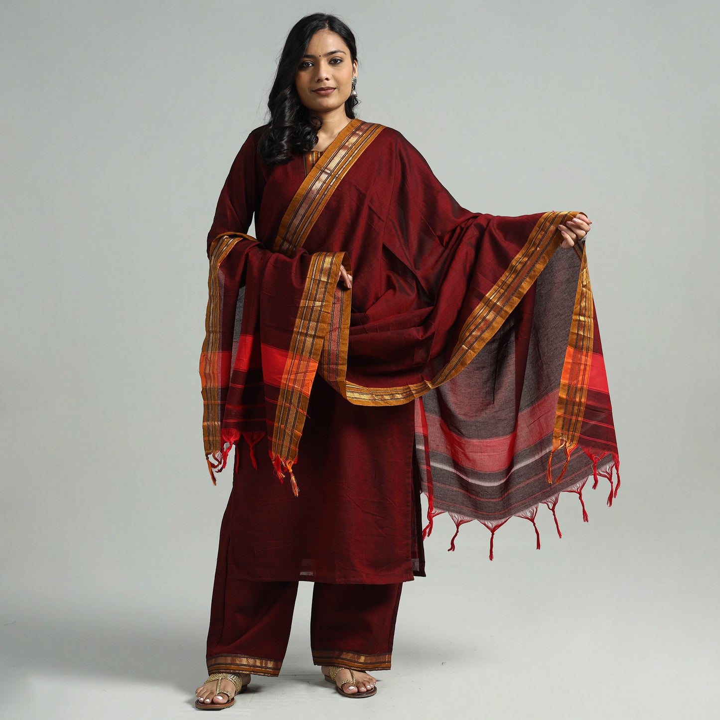 Maroon - Dharwad Cotton Kurta with Palazzo & Dupatta Set