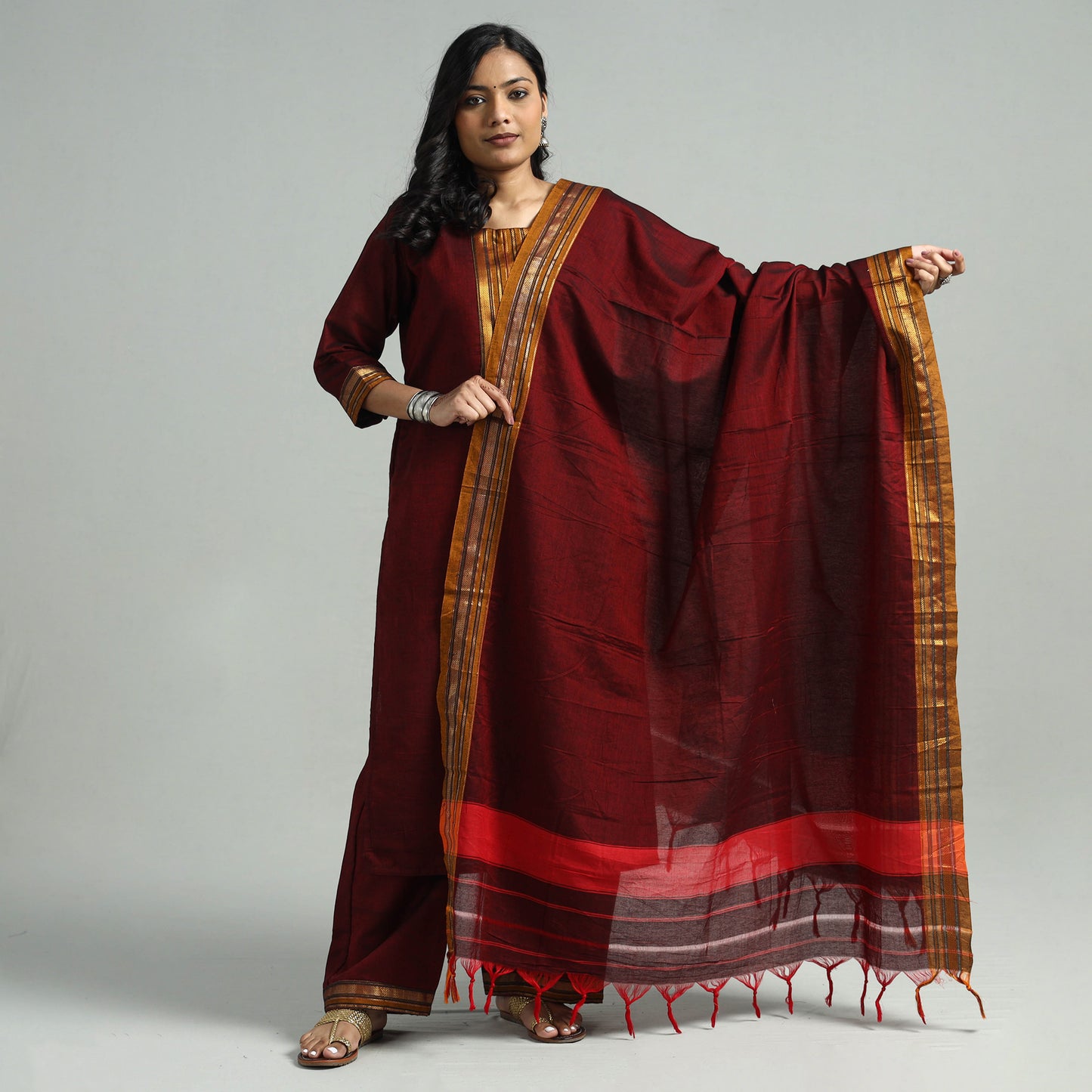 Maroon - Dharwad Cotton Kurta with Palazzo & Dupatta Set