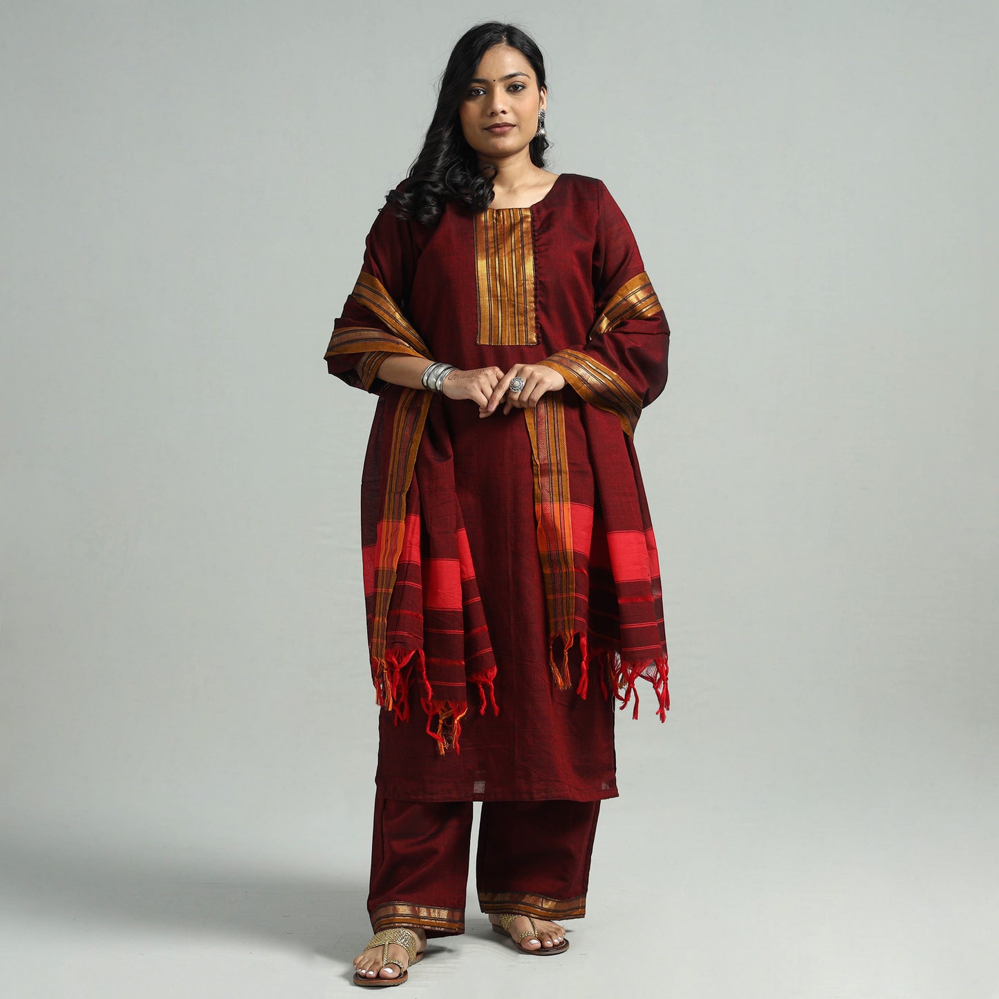 Maroon - Dharwad Cotton Kurta with Palazzo & Dupatta Set