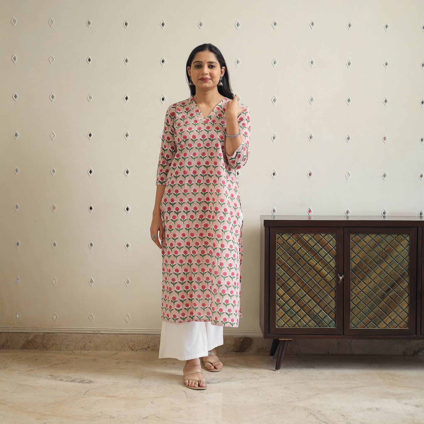Peach - Block Print Cotton Straight Sanganeri Kurta 27