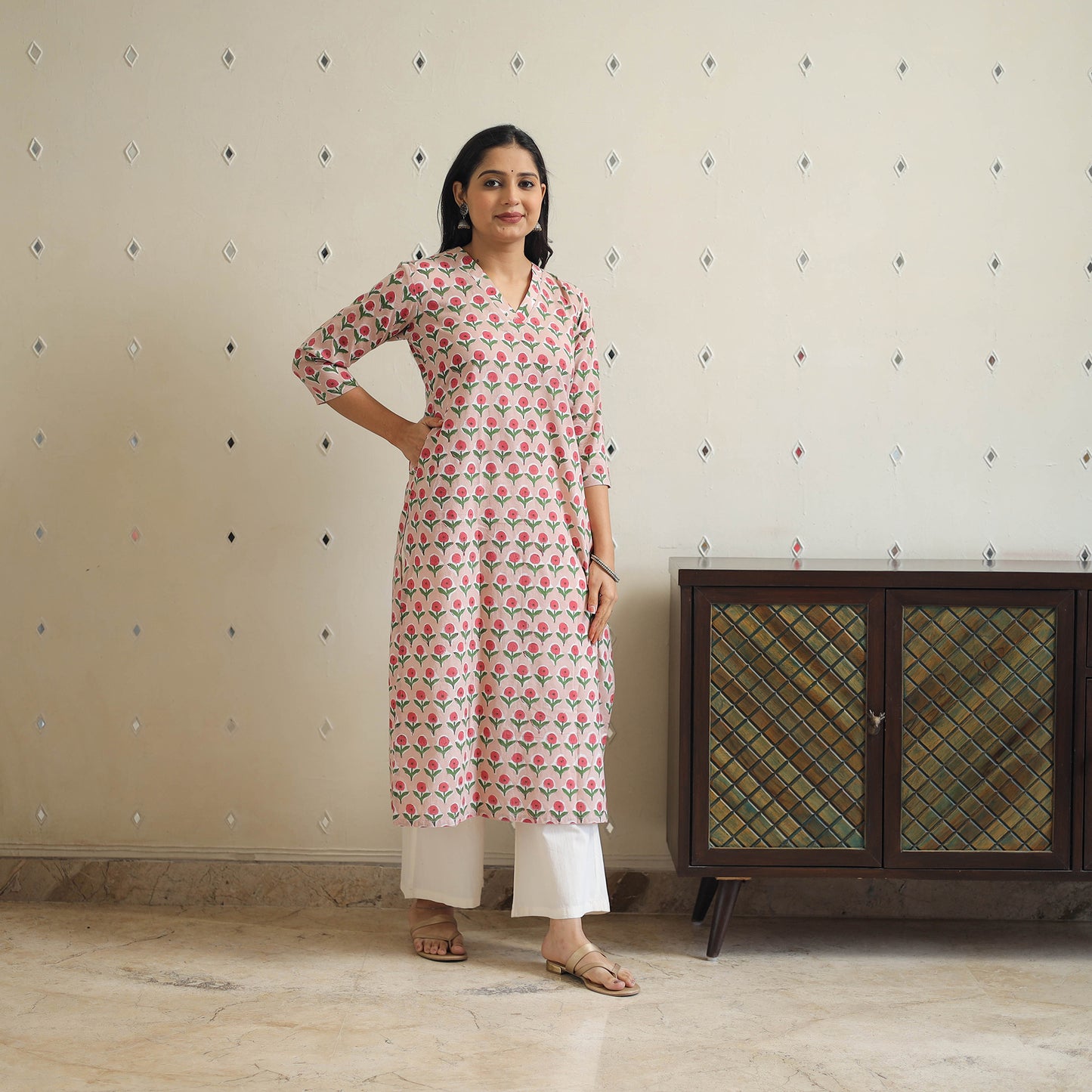 Peach - Block Print Cotton Straight Sanganeri Kurta 27
