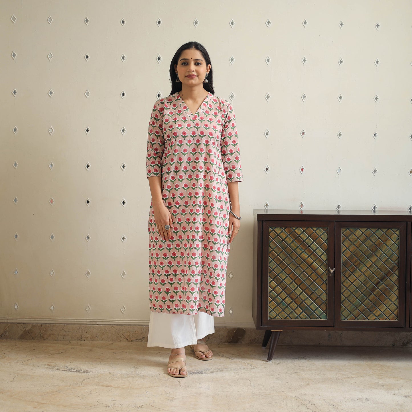 Peach - Block Print Cotton Straight Sanganeri Kurta 27