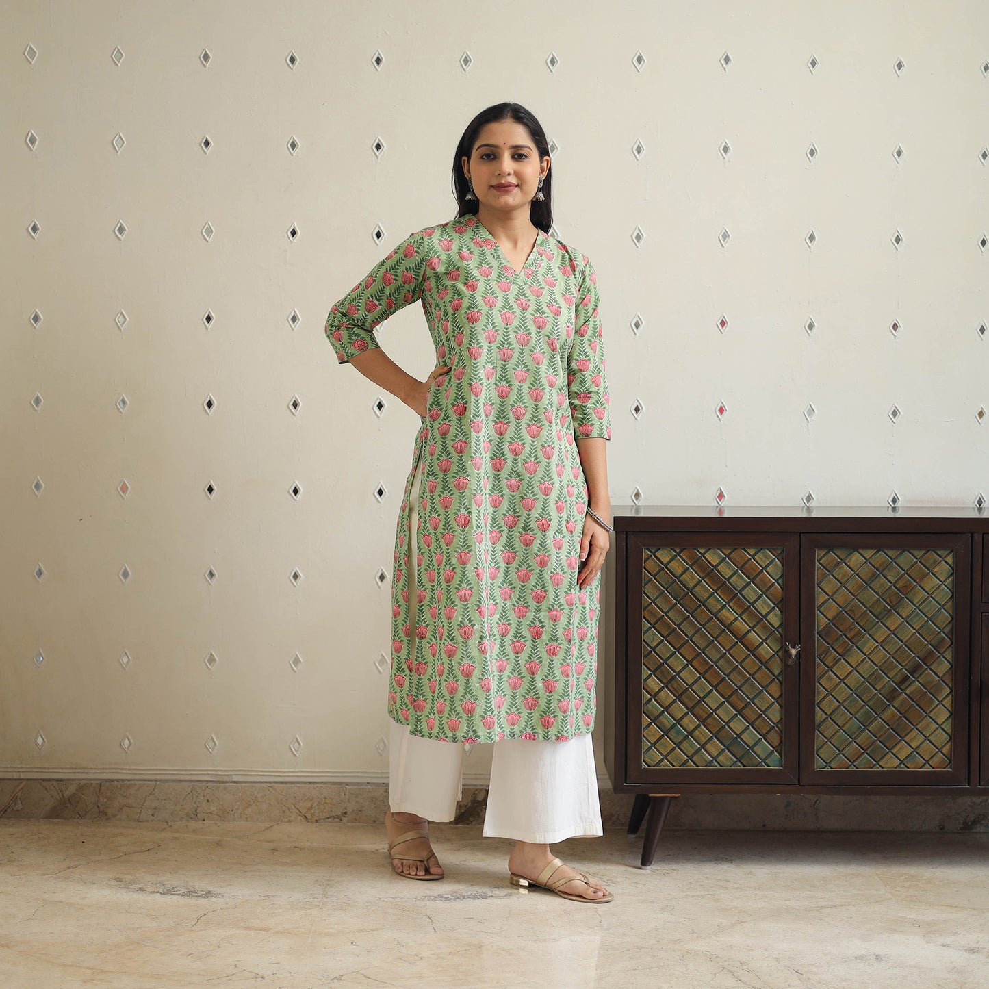 Buy Green Block Print Cotton Straight Sanganeri Kurta