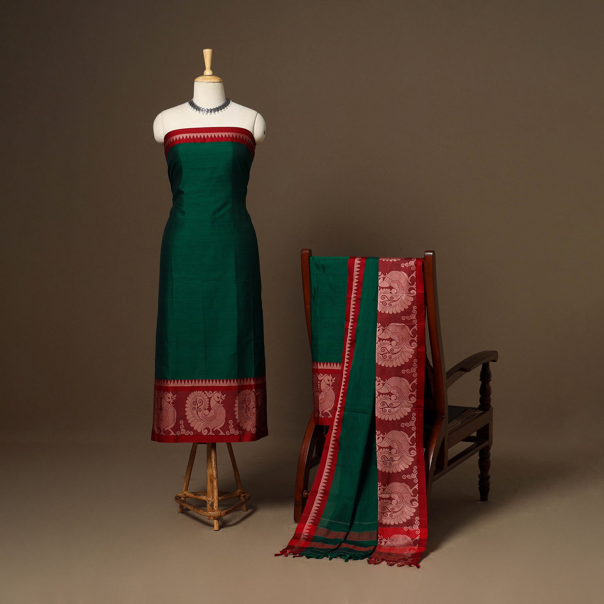 Red - Dharwad Cotton 3pc Unstitched Dress Material with Border 145