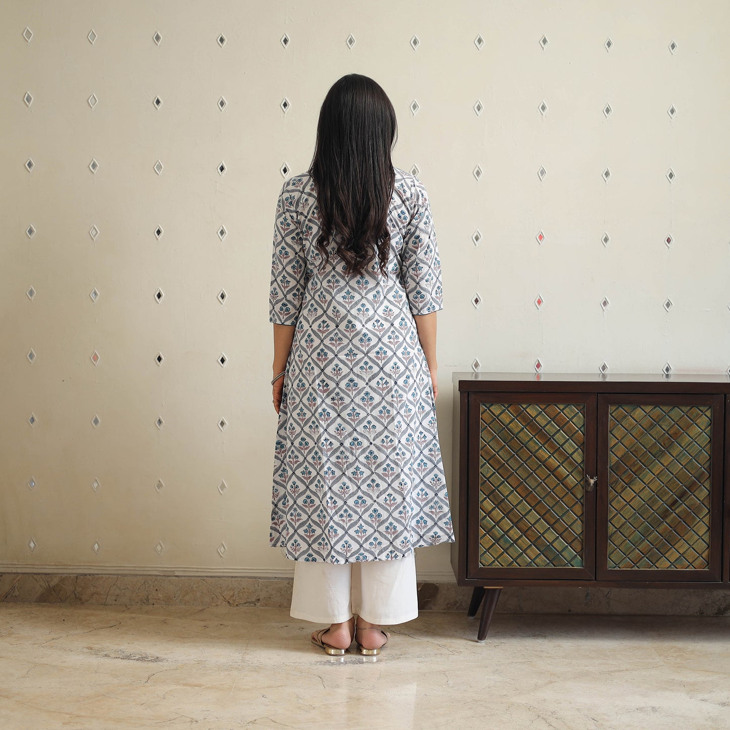 White Block Print Cotton A-Line Sanganeri Kurta for Women