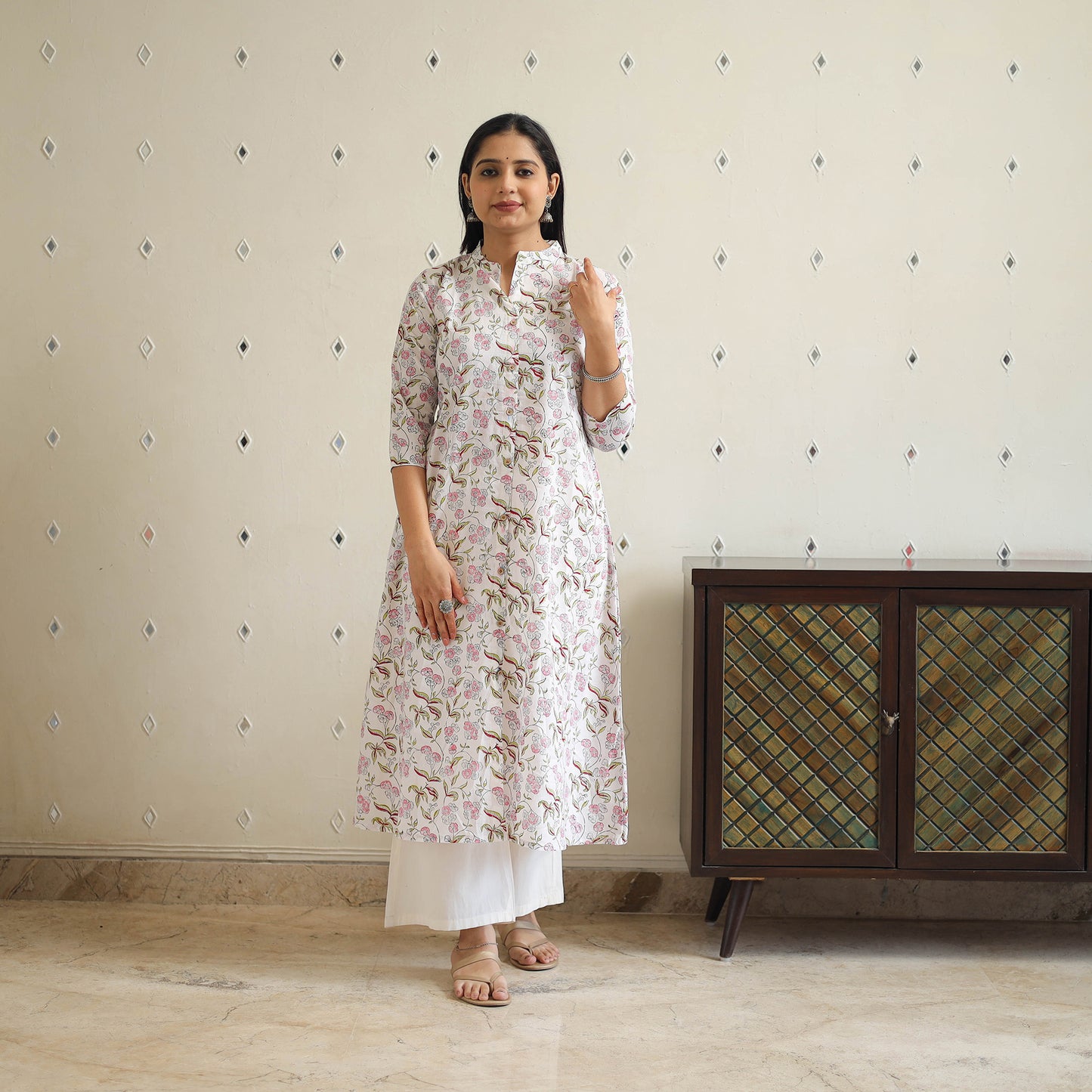 White Block Print Cotton A-Line Sanganeri Kurta for Women