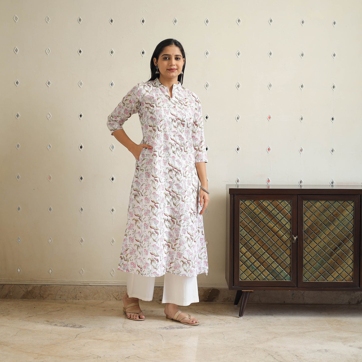 White Block Print Cotton A-Line Sanganeri Kurta for Women