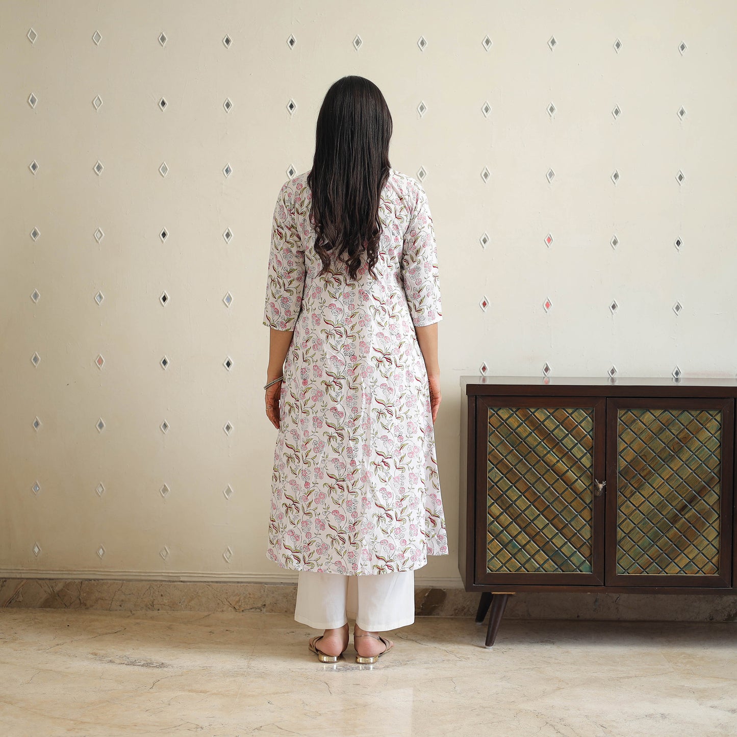 White Block Print Cotton A-Line Sanganeri Kurta for Women