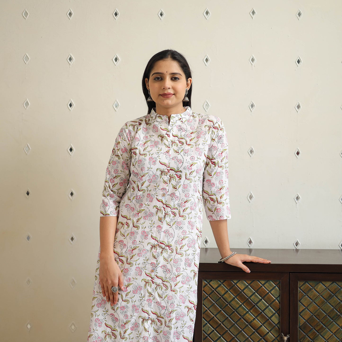 White Block Print Cotton A-Line Sanganeri Kurta for Women