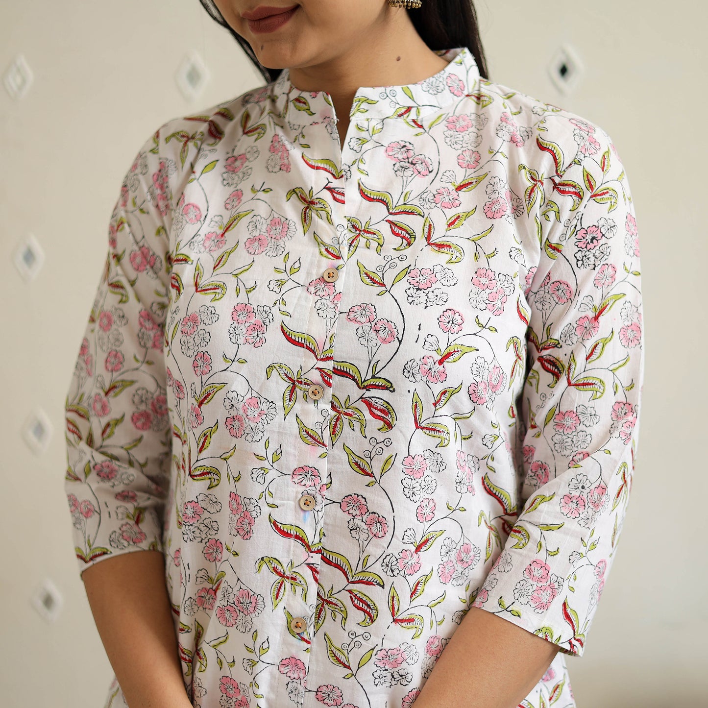 White Block Print Cotton A-Line Sanganeri Kurta for Women