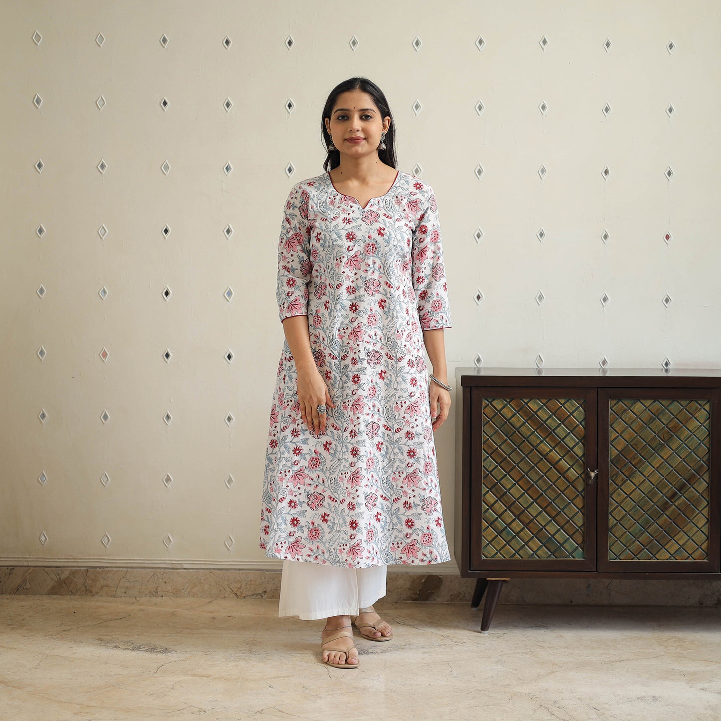 White Block Print Cotton A-Line Sanganeri Kurta for Women