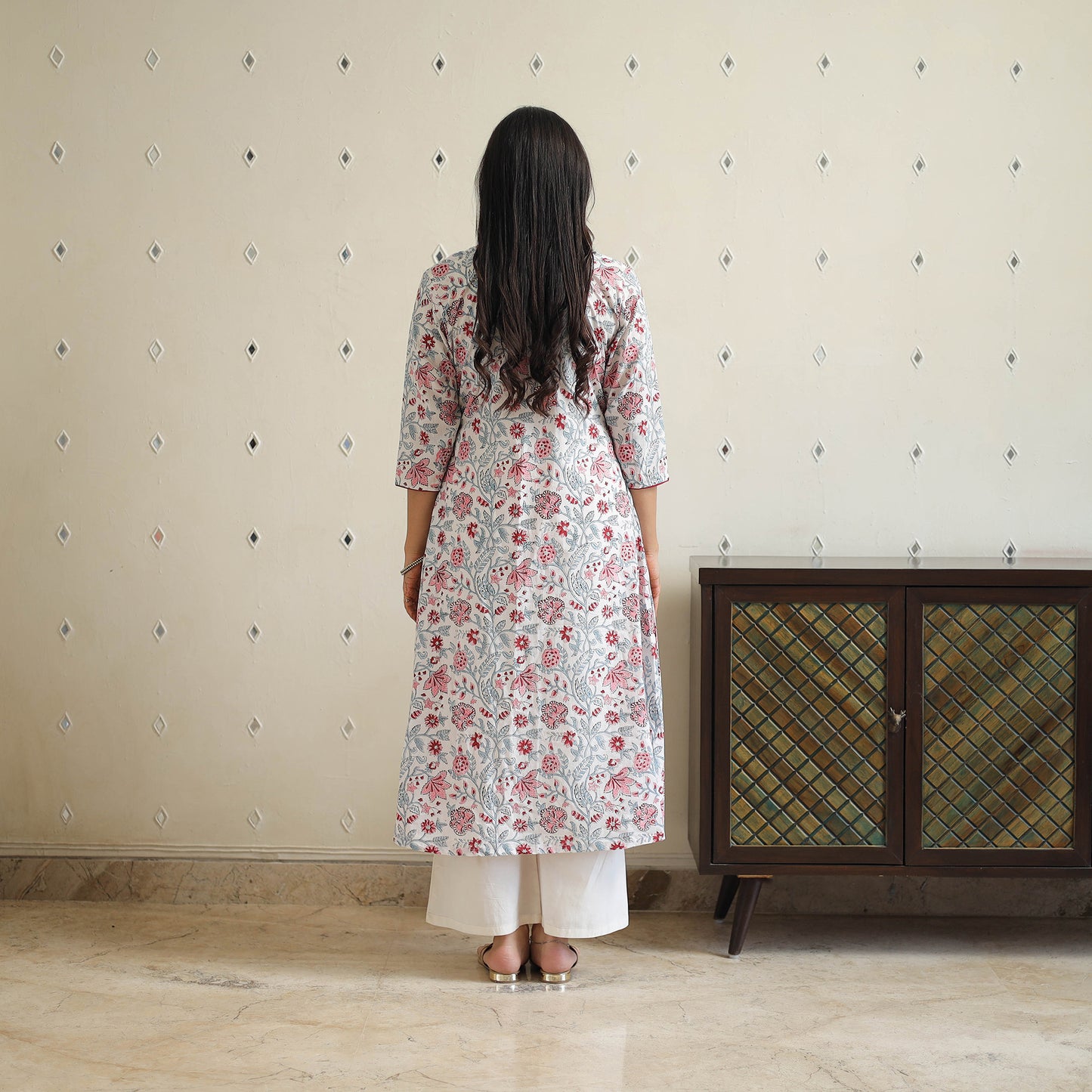 White Block Print Cotton A-Line Sanganeri Kurta for Women