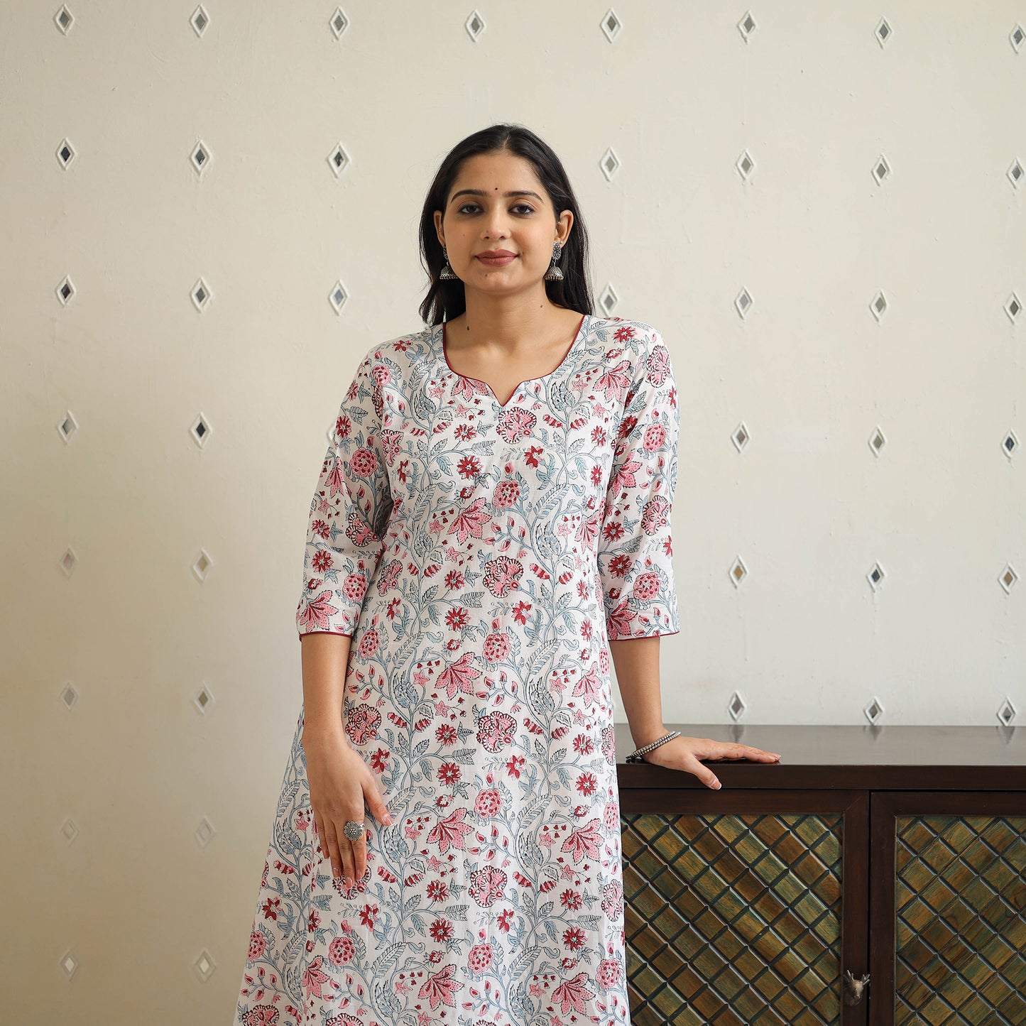 White Block Print Cotton A-Line Sanganeri Kurta for Women
