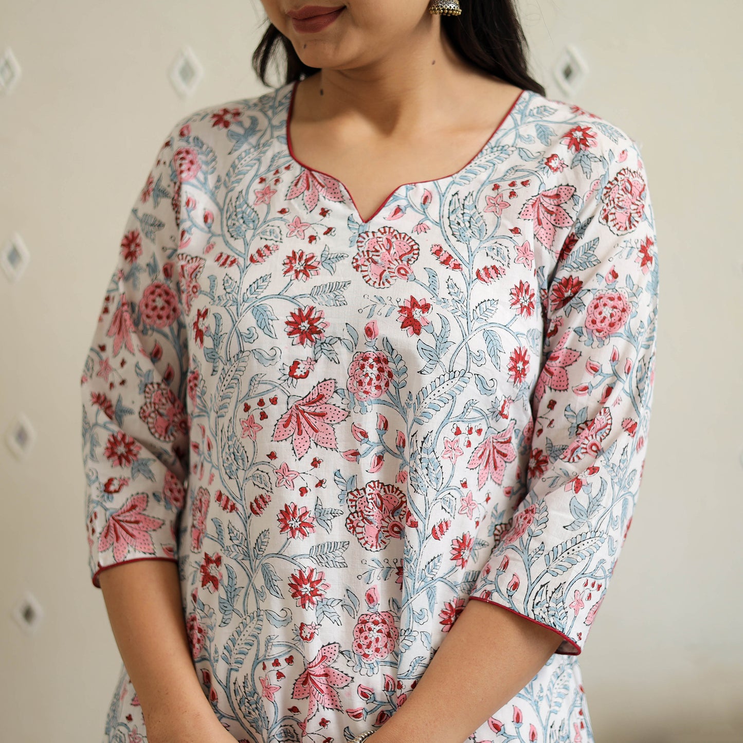 White Block Print Cotton A-Line Sanganeri Kurta for Women