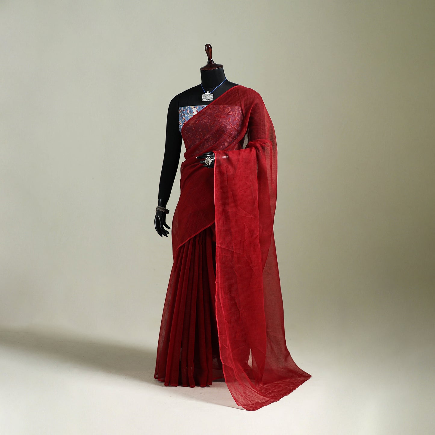 Red - Nazaakat Kota Doria Cotton Plain Saree with Blouse & Jewellery Set 99