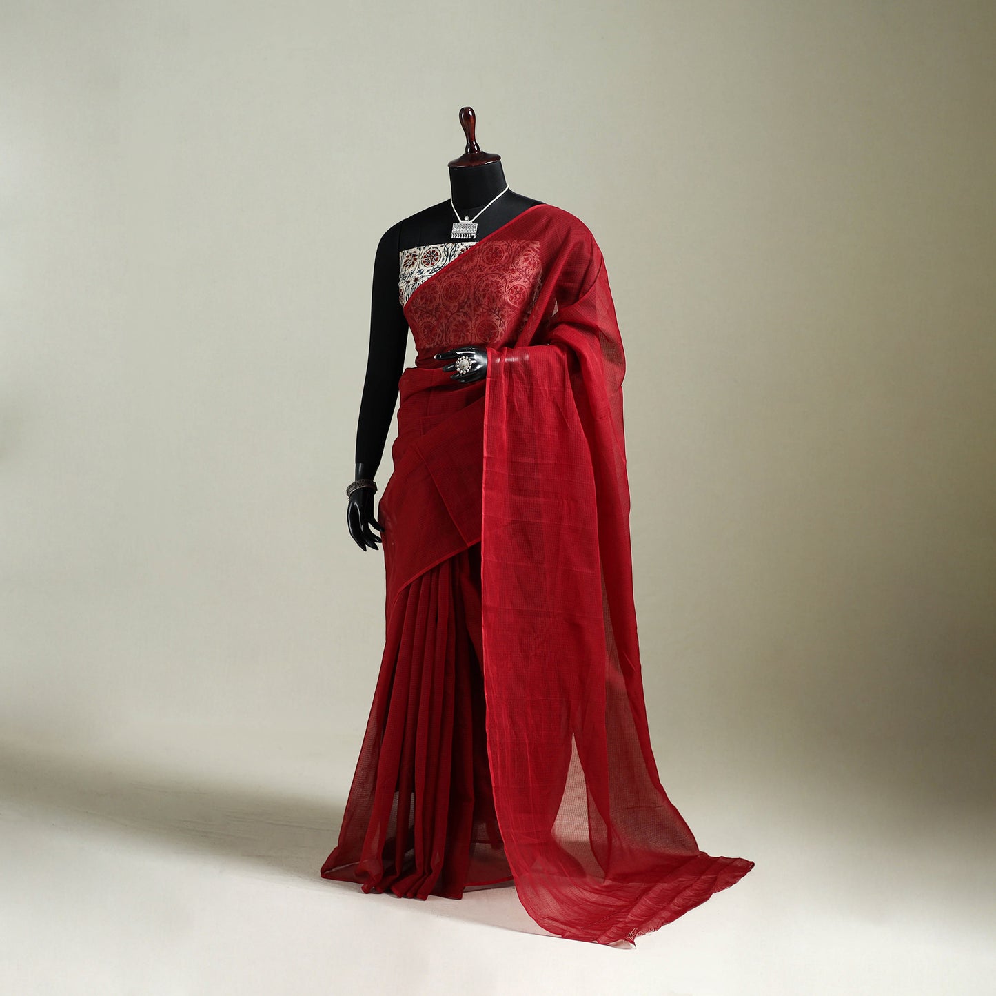Red - Nazaakat Kota Doria Cotton Plain Saree with Blouse & Jewellery Set 113