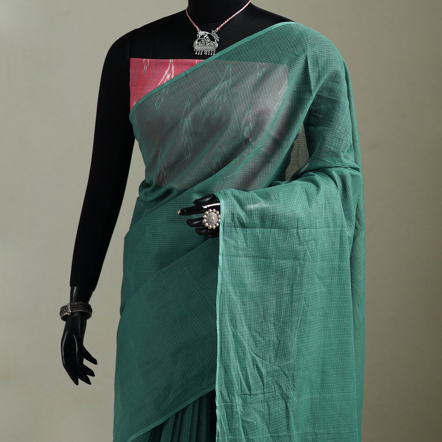 Green - Nazaakat Kota Doria Cotton Plain Saree with Blouse & Jewellery Set 121