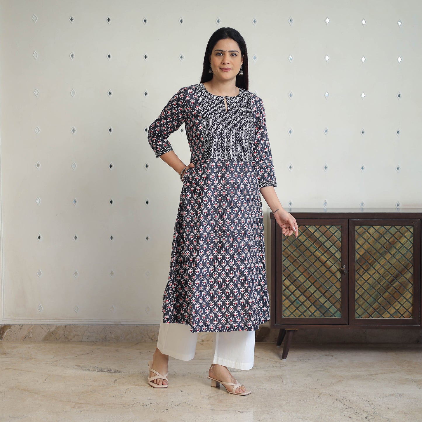 Black Jaipur Print Patchwork Cotton Straight Kurta for Women