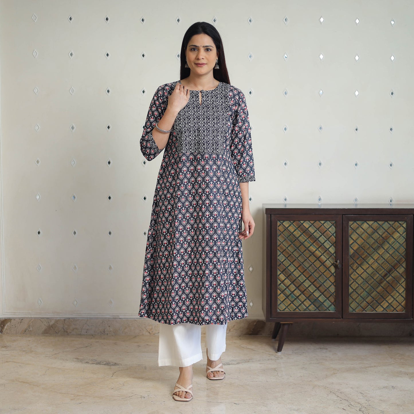 Black Jaipur Print Patchwork Cotton Straight Kurta for Women