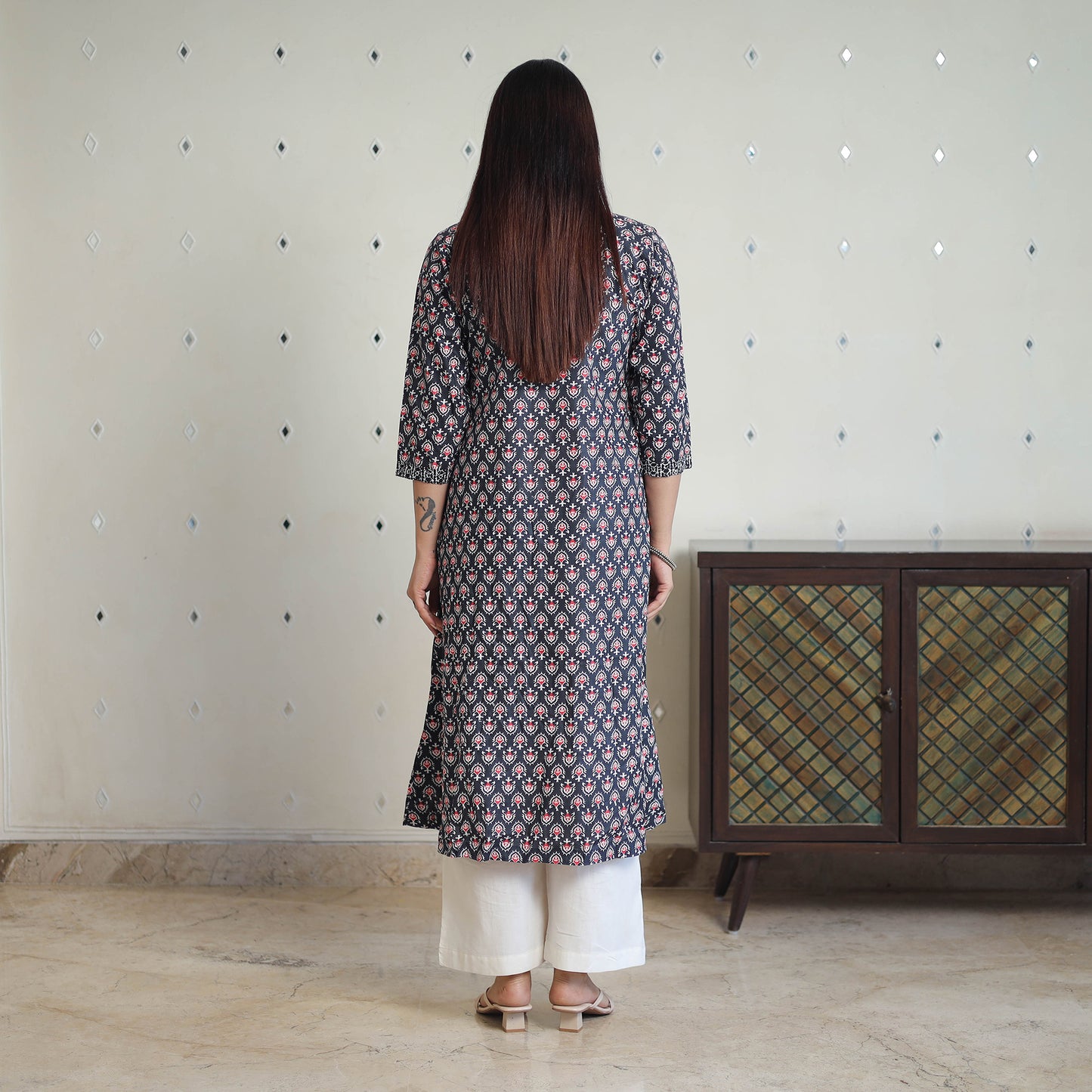 Black Jaipur Print Patchwork Cotton Straight Kurta for Women