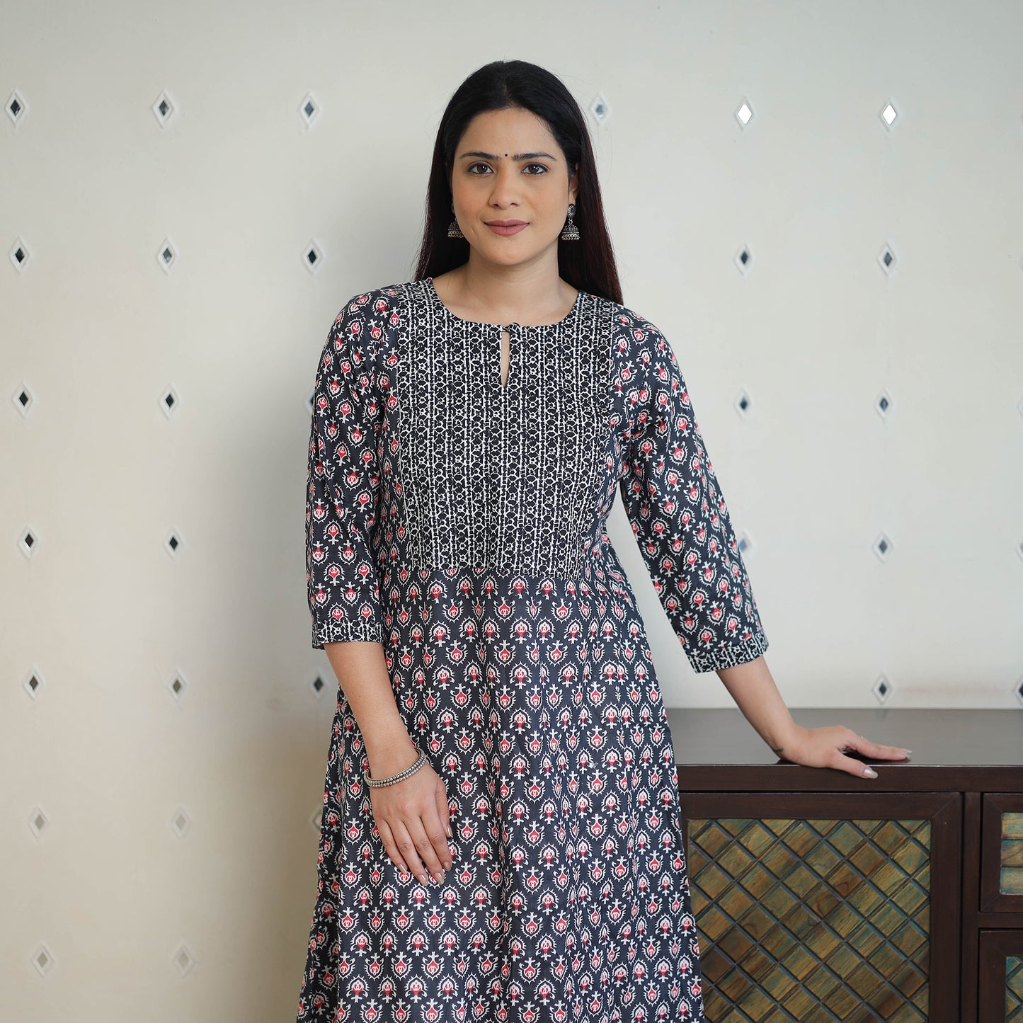 Black Jaipur Print Patchwork Cotton Straight Kurta for Women
