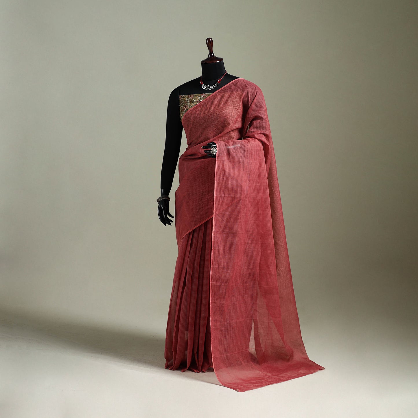 Red - Nazaakat Kota Doria Cotton Plain Saree with Blouse & Jewellery Set 124