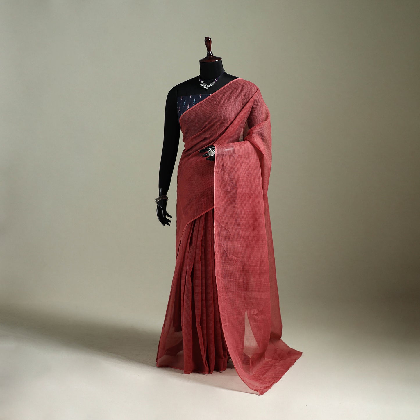 Red - Nazaakat Kota Doria Cotton Plain Saree with Blouse & Jewellery Set 127