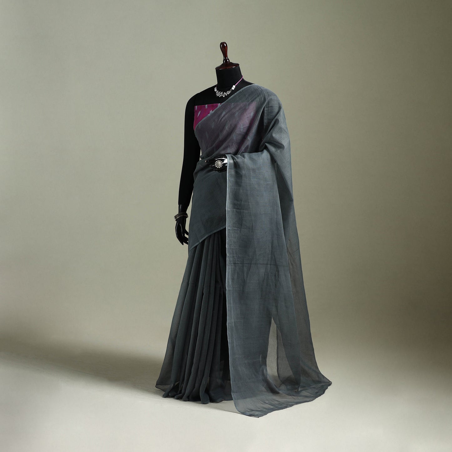 Grey - Nazaakat Kota Doria Cotton Plain Saree with Blouse & Jewellery Set 129