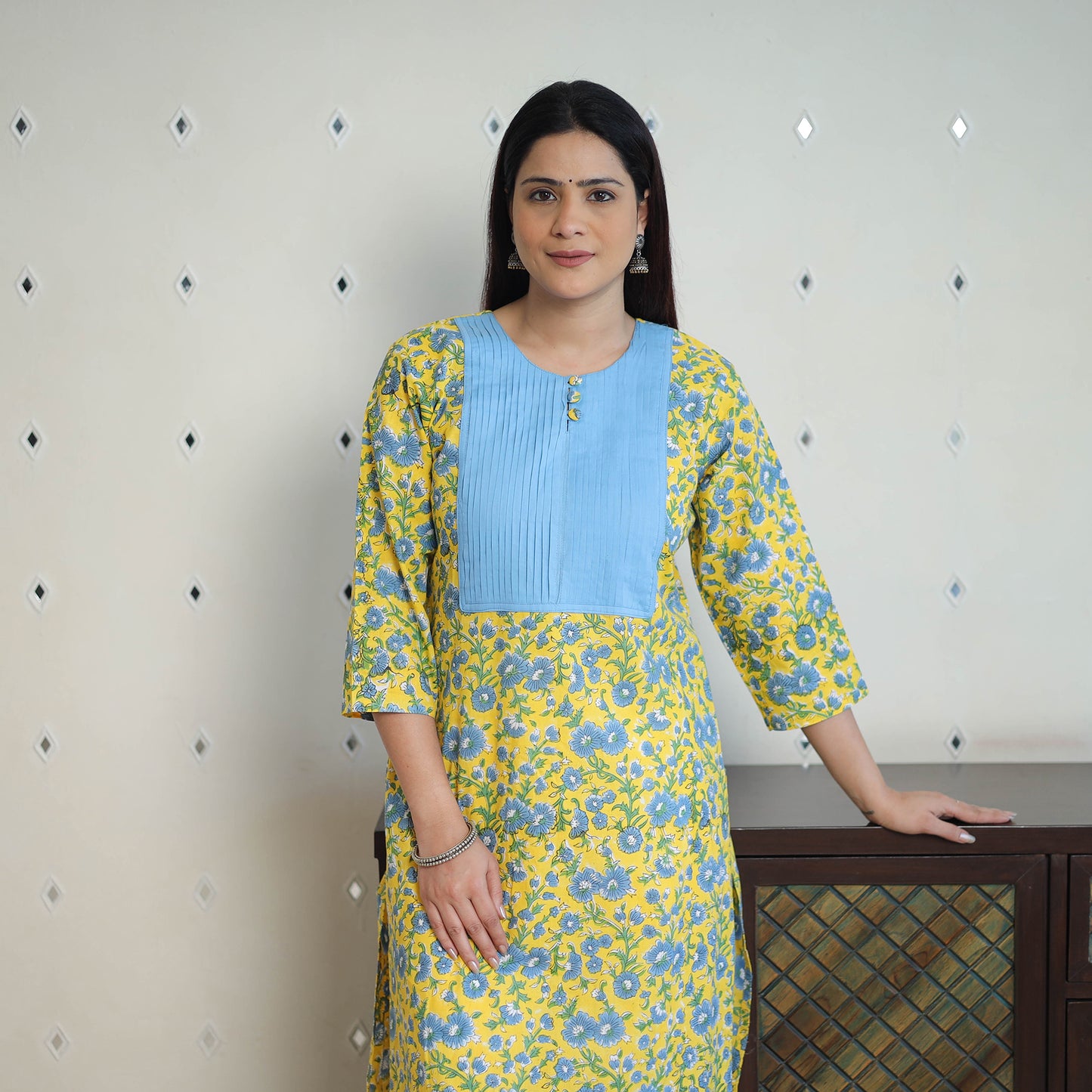 Yellow Block Print Cotton Straight Pintuck Sanganeri Kurta