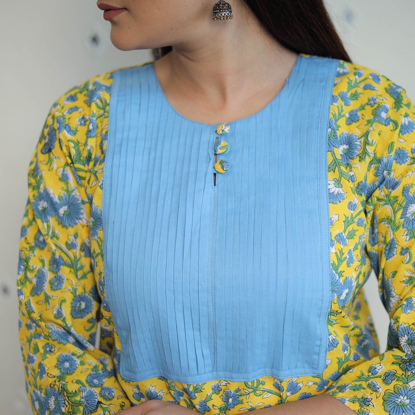 Yellow Block Print Cotton Straight Pintuck Sanganeri Kurta