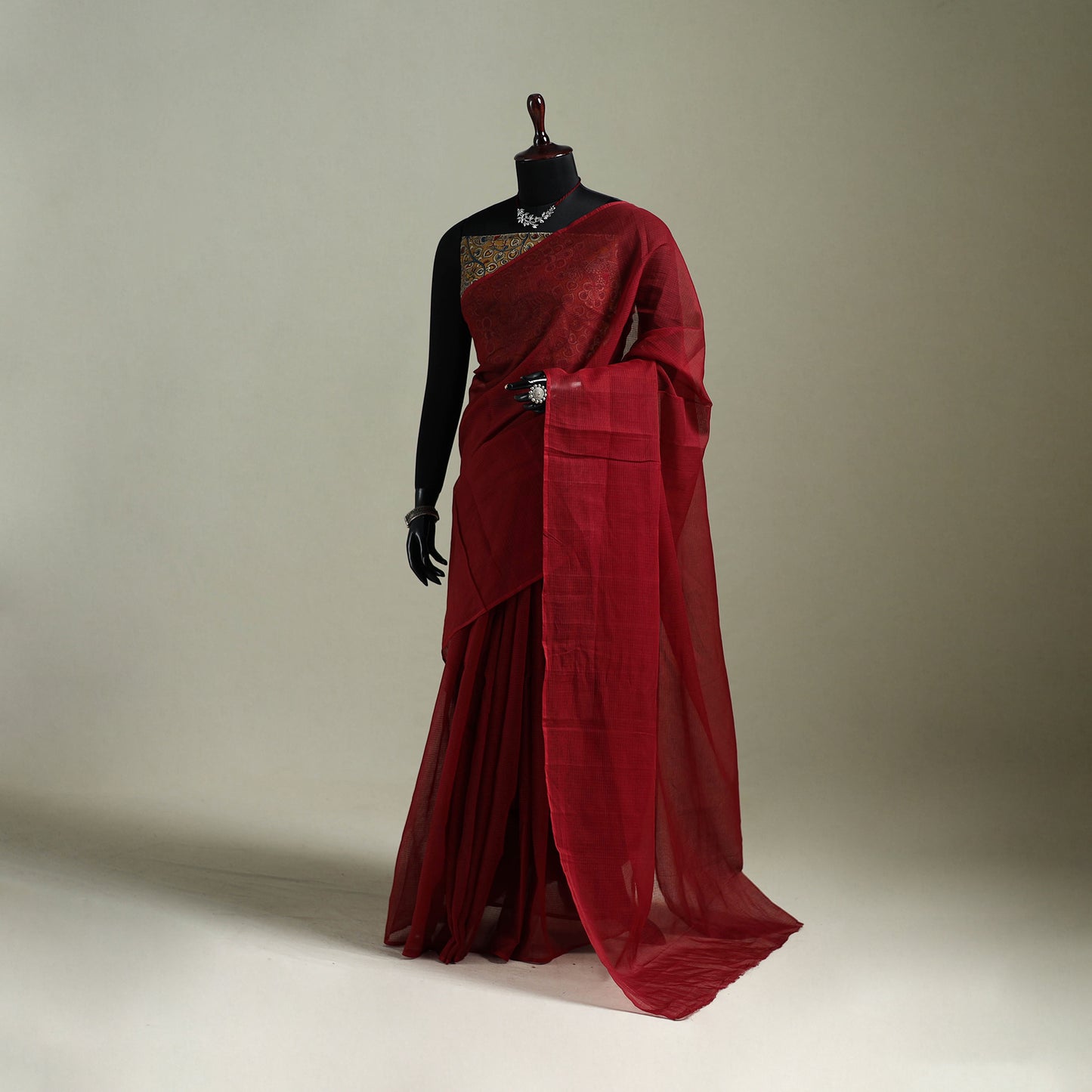 Red - Nazaakat Kota Doria Cotton Plain Saree with Blouse & Jewellery Set 132