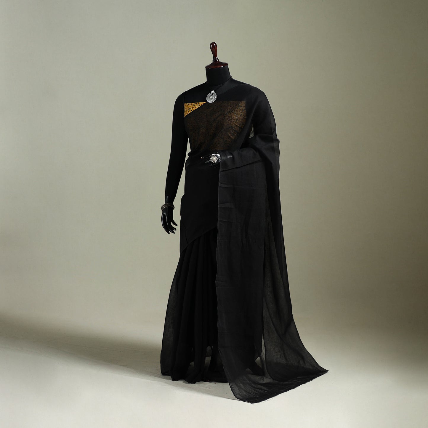 Black - Nazaakat Kota Doria Cotton Plain Saree with Blouse & Jewellery Set 133