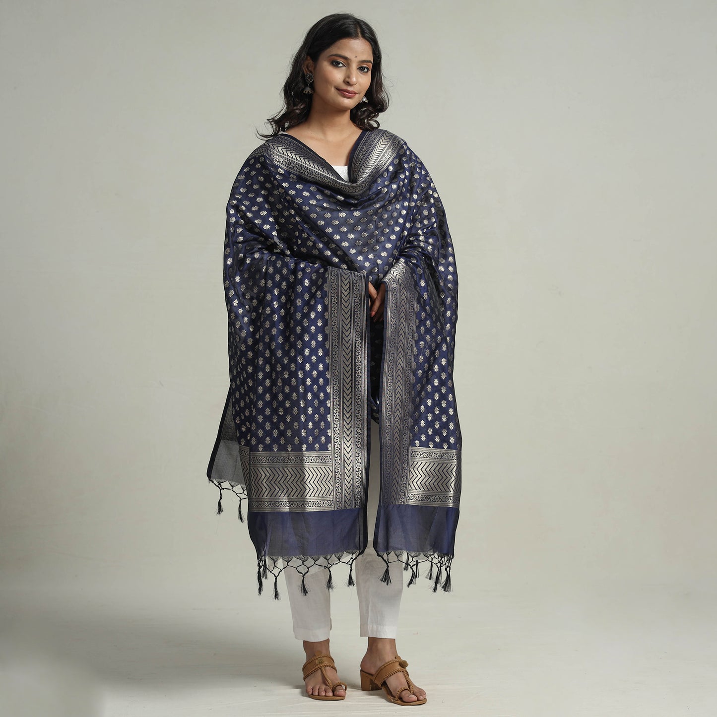 Blue - Banarasi Semi Silk Zari Jaal Dupatta with Tassels 36