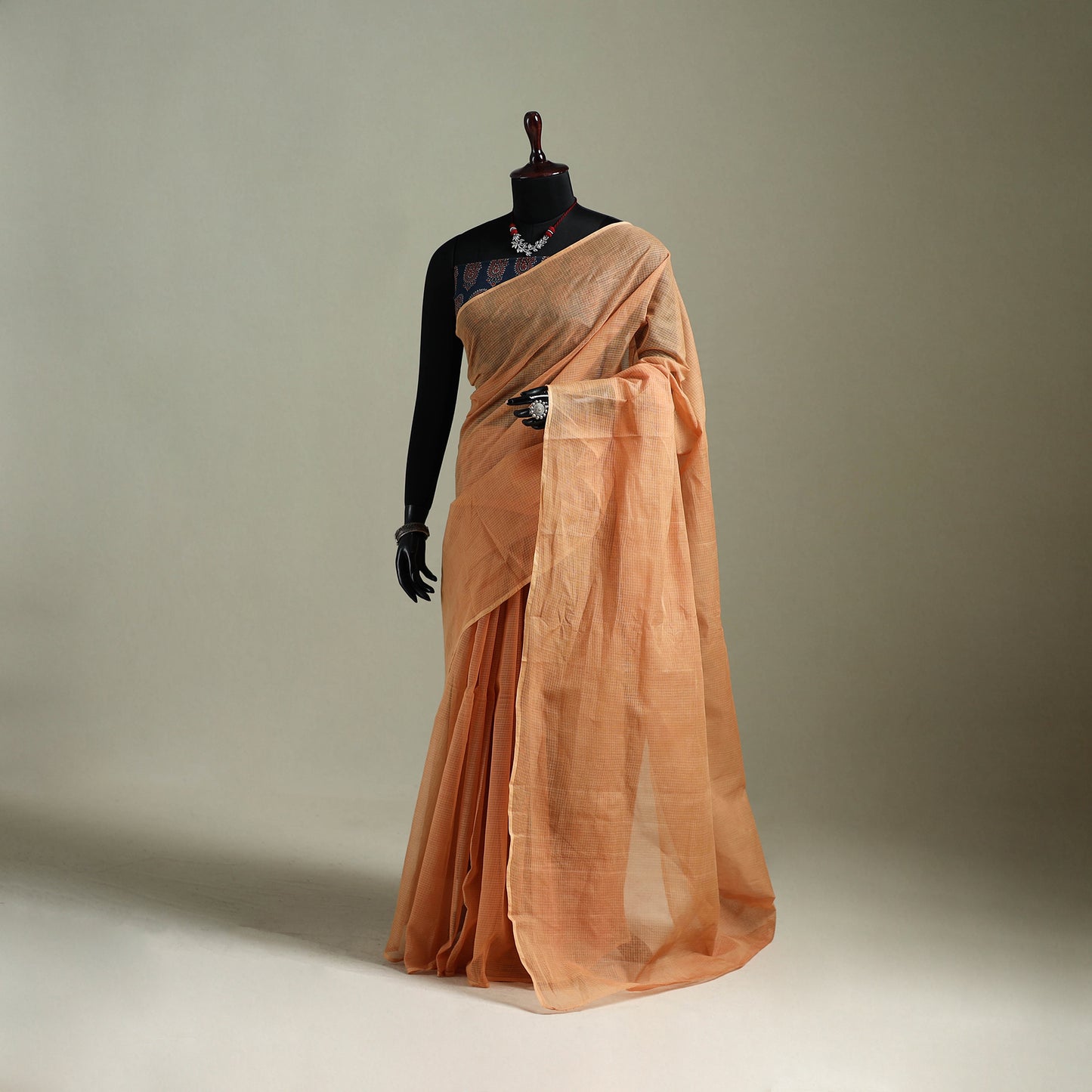 Peach - Nazaakat Kota Doria Cotton Plain Saree with Blouse & Jewellery Set 134