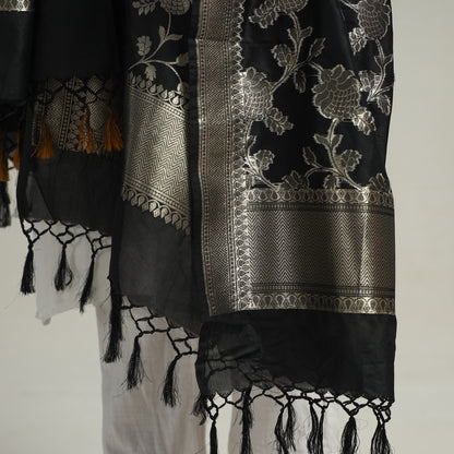 Black - Banarasi Semi Silk Zari Jaal Dupatta with Tassels 50