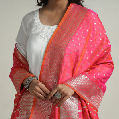 Pink - Banarasi Semi Silk Zari Jaal Dupatta with Tassels 55