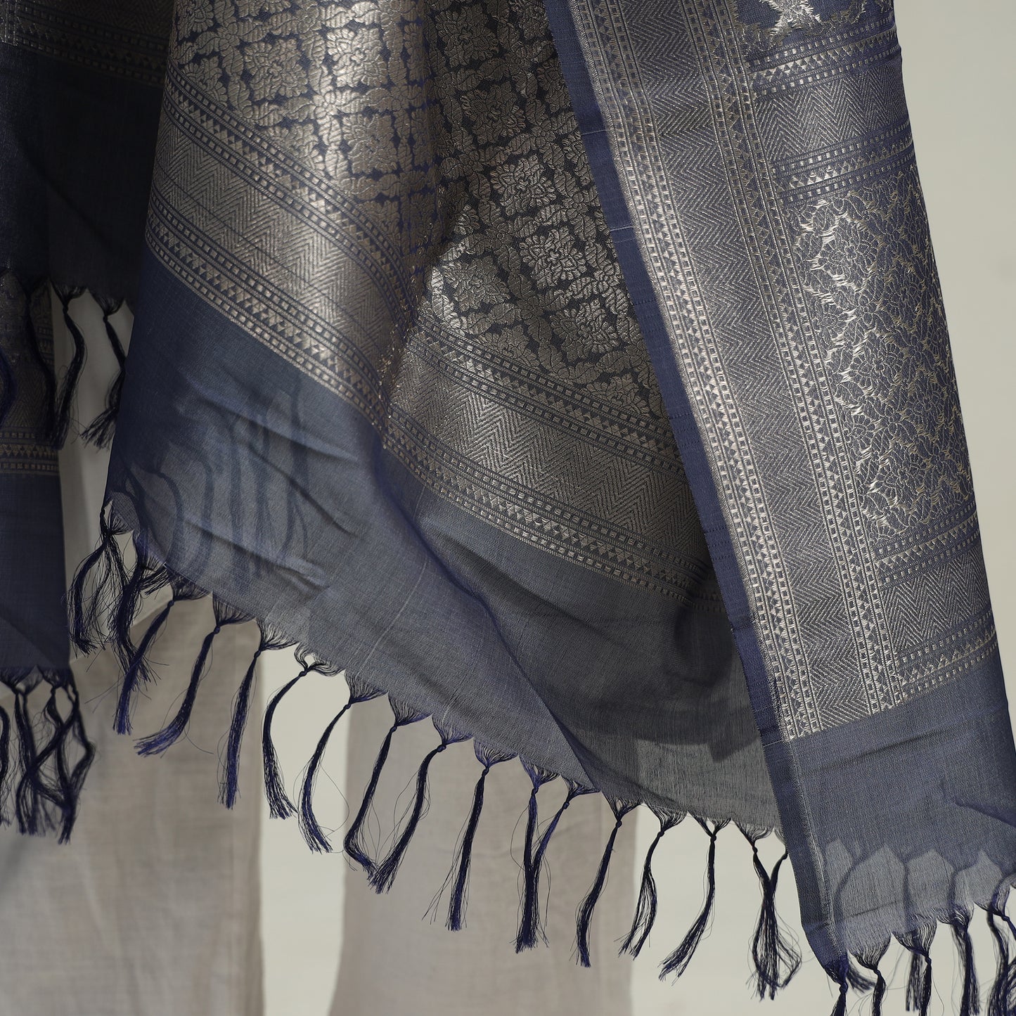 Blue - Banarasi Handloom Katan Silk Zari Buti Dupatta with Tassels 59