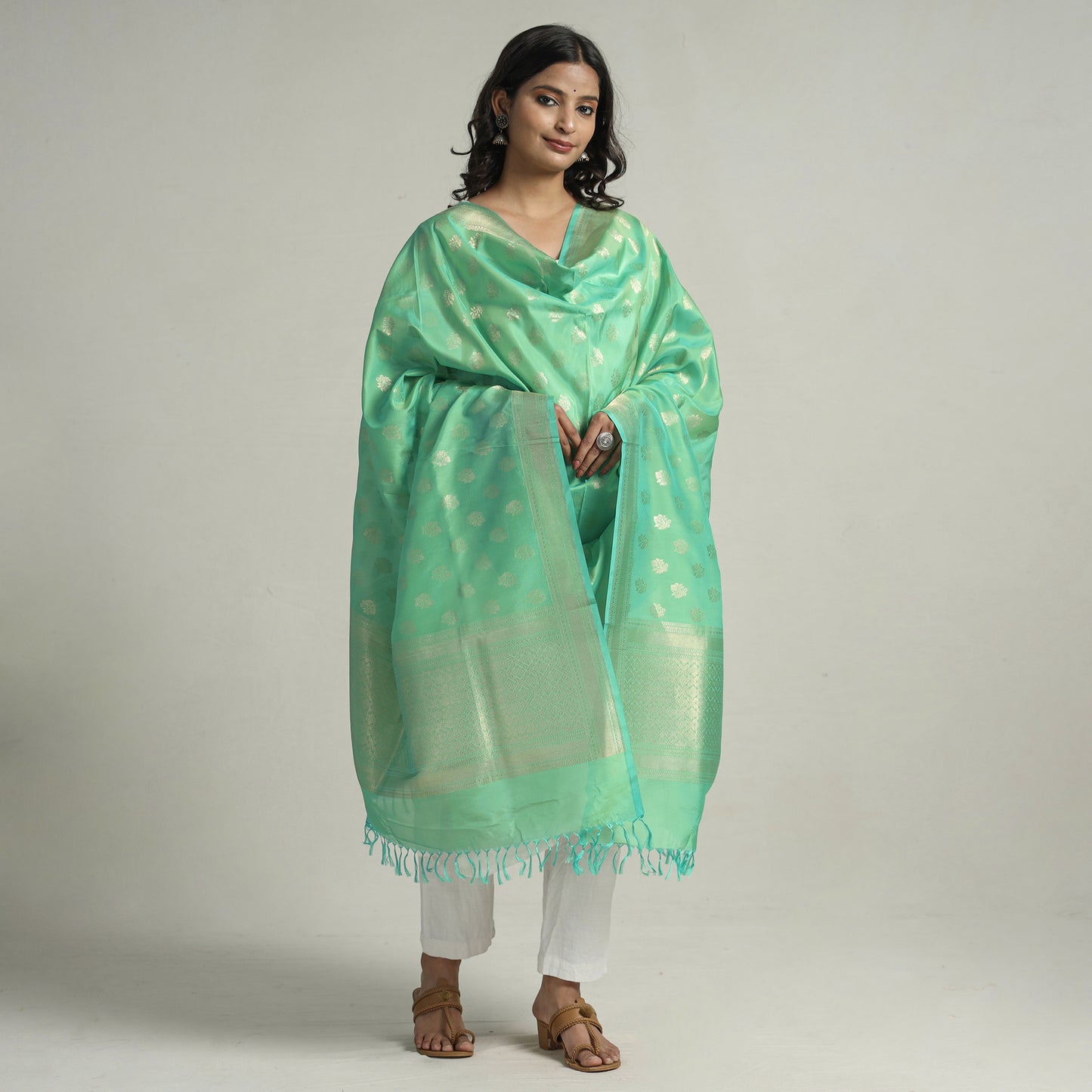 Green - Banarasi Handloom Katan Silk Zari Buti Dupatta with Tassels 65