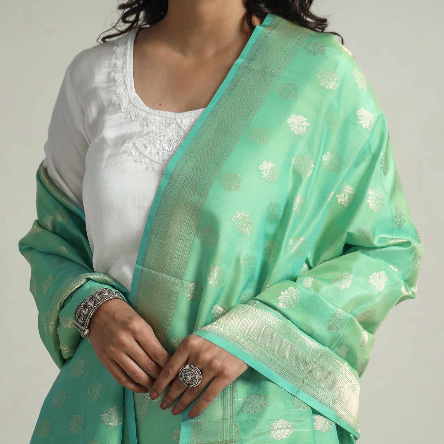 Green - Banarasi Handloom Katan Silk Zari Buti Dupatta with Tassels 65