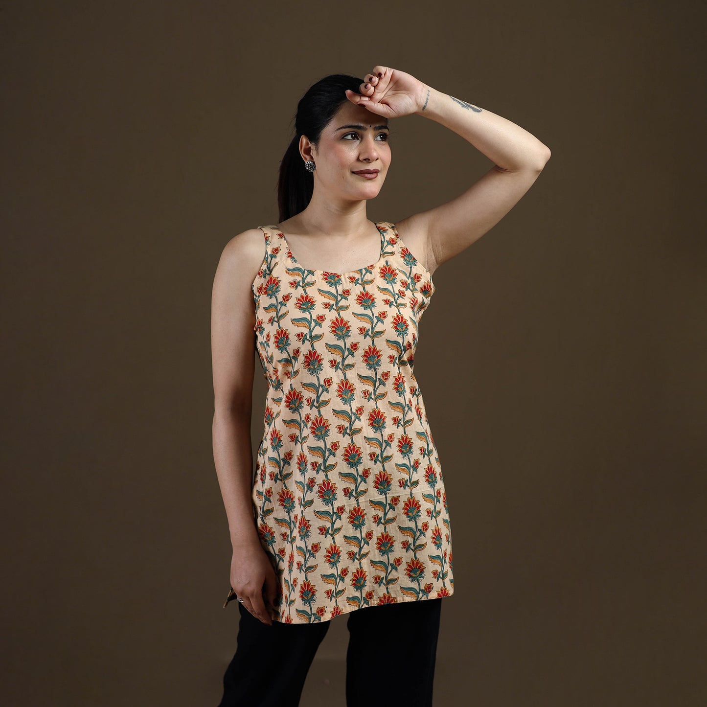 Beige - Sanganeri Hand Block Print Cotton Short Kurta for women 19