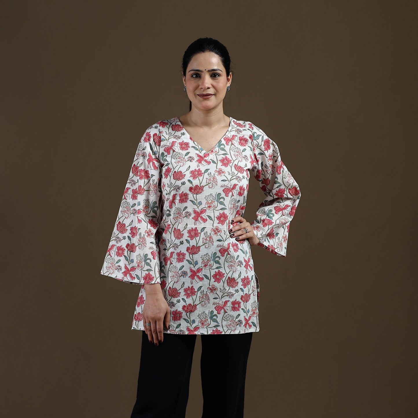 White - Sanganeri Hand Block Print Cotton Short Kurta for women 05